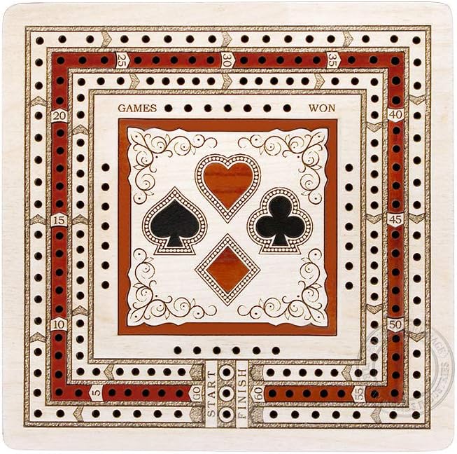 House of Cribbage 3 Track Cribbage Board Inlaid in Maple Wood/Bloodwood - Size: 5"x5" - Wood Inlaid Card Symbols (Suits) + Storage Drawer for Cribbage Pegs & Playing Cards