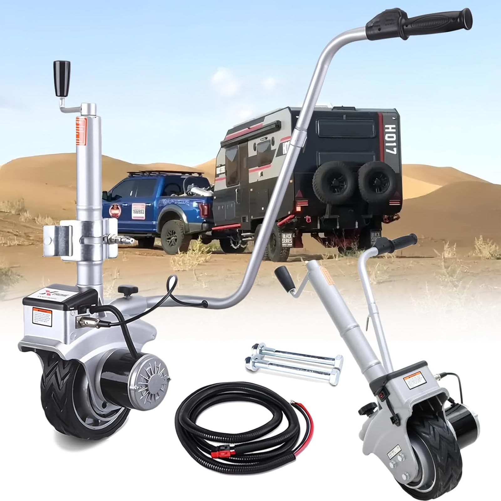 BeoyNot Electric Trailer Dolly, Electric Jockey Wheel Trailer Mover, 350W 12V Ratchet Trailer Jack 2270KG Towing Capacity, 32-42 cm Adjustable Clamp Height, for Moving Trailer Caravan Boat