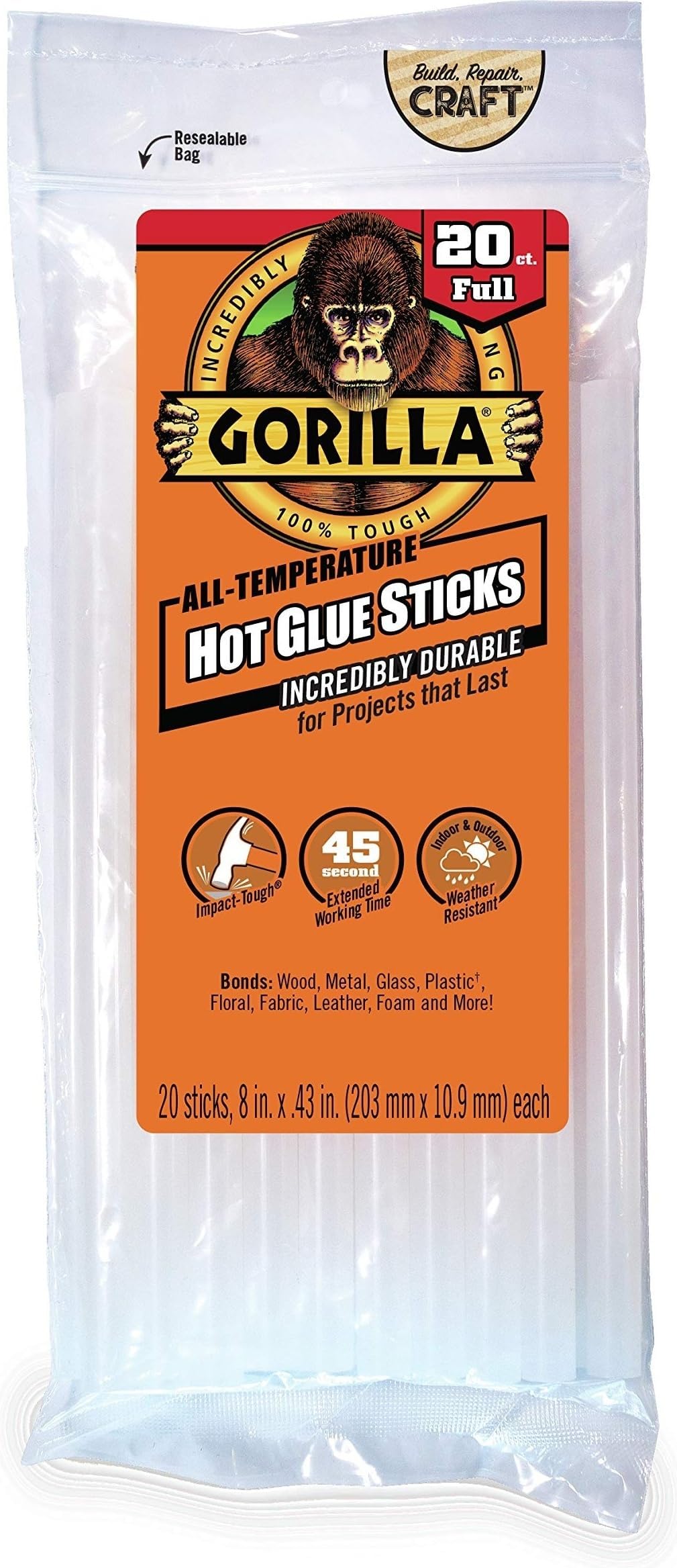 Gorilla Hot Glue Sticks, Clear, Full Size, 8" x 0.43", 20 Count | Safe for All Temperatures, Extended Working Time, Weather Resistant Formula, Ideal for Fabric and Crafts