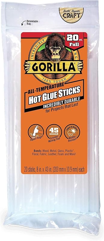 Gorilla Hot Glue Sticks, Clear, Full Size, 8" x 0.43", 20 Count | Safe for All Temperatures, Extended Working Time, Weather Resistant Formula, Ideal for Fabric and Crafts