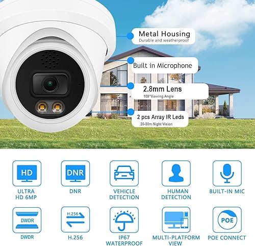 Miniatura 4 de Real HD Cámara IP domo de visión nocturna a todo color de 6MP para sistemas Hik-Vision IP NVR, con luces blancas visibles, ángulo de visión de 105,