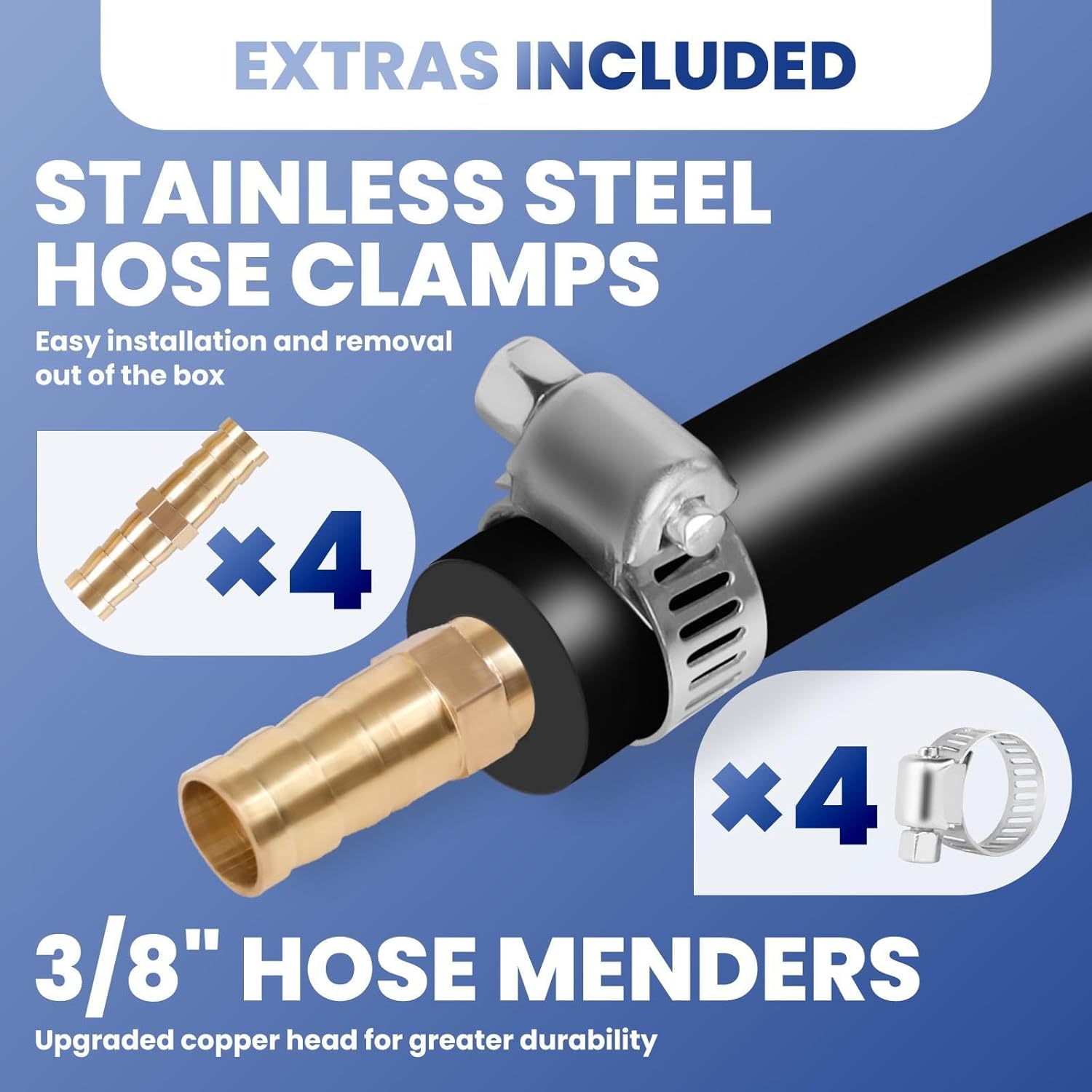 Self Sinking Pond Hose, 3/8" x 328ft Weighted Pond Tubing with 8 Stainless Steel Hose Clamps and 4 Copper Menders, Non-toxic PVC Air Hose for Aquaculture,Garden and Lake Aeration