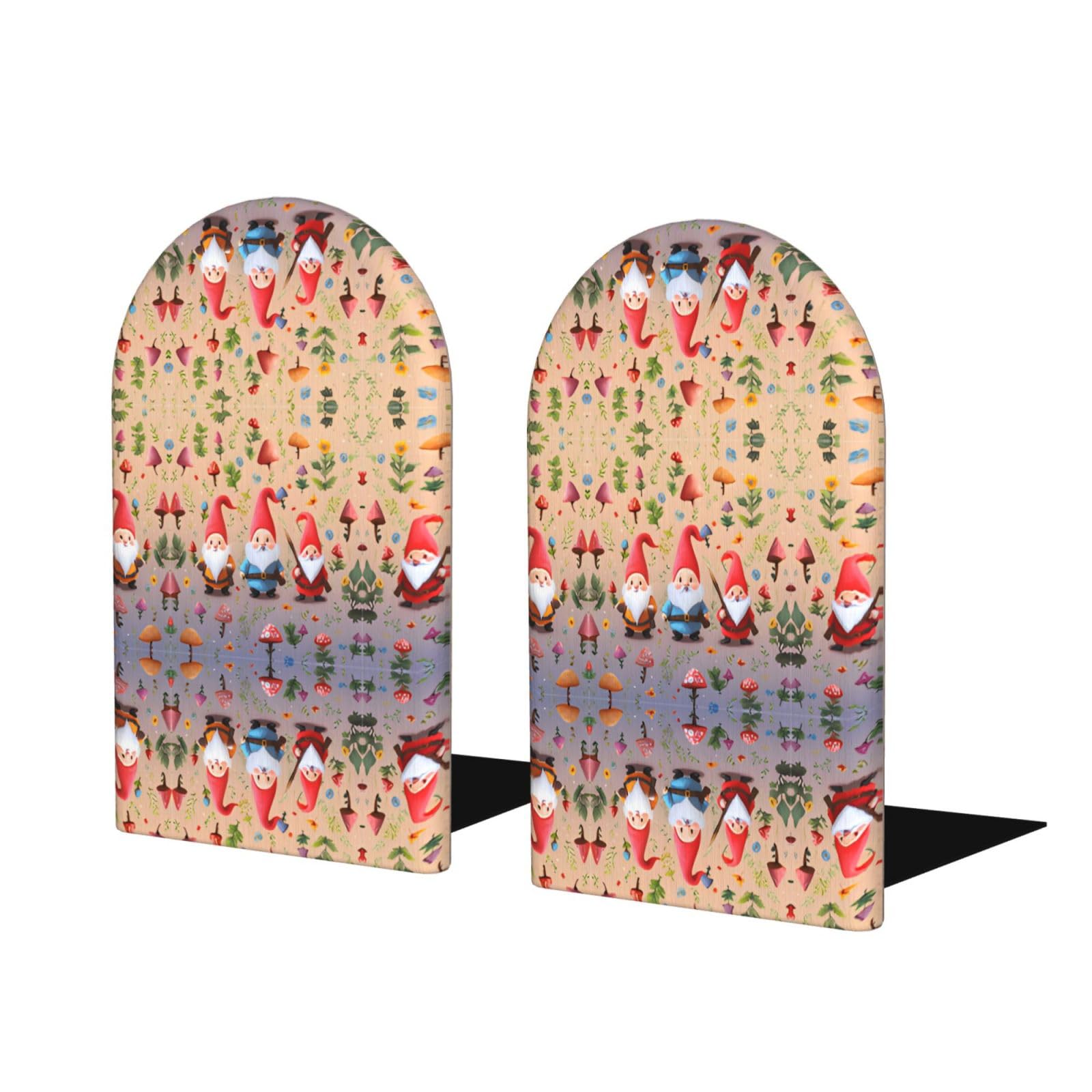 Cute Gnomes Stylish Bookends with Full-Print Design Durable Wooden and Metal Bookend Set for Home, Office