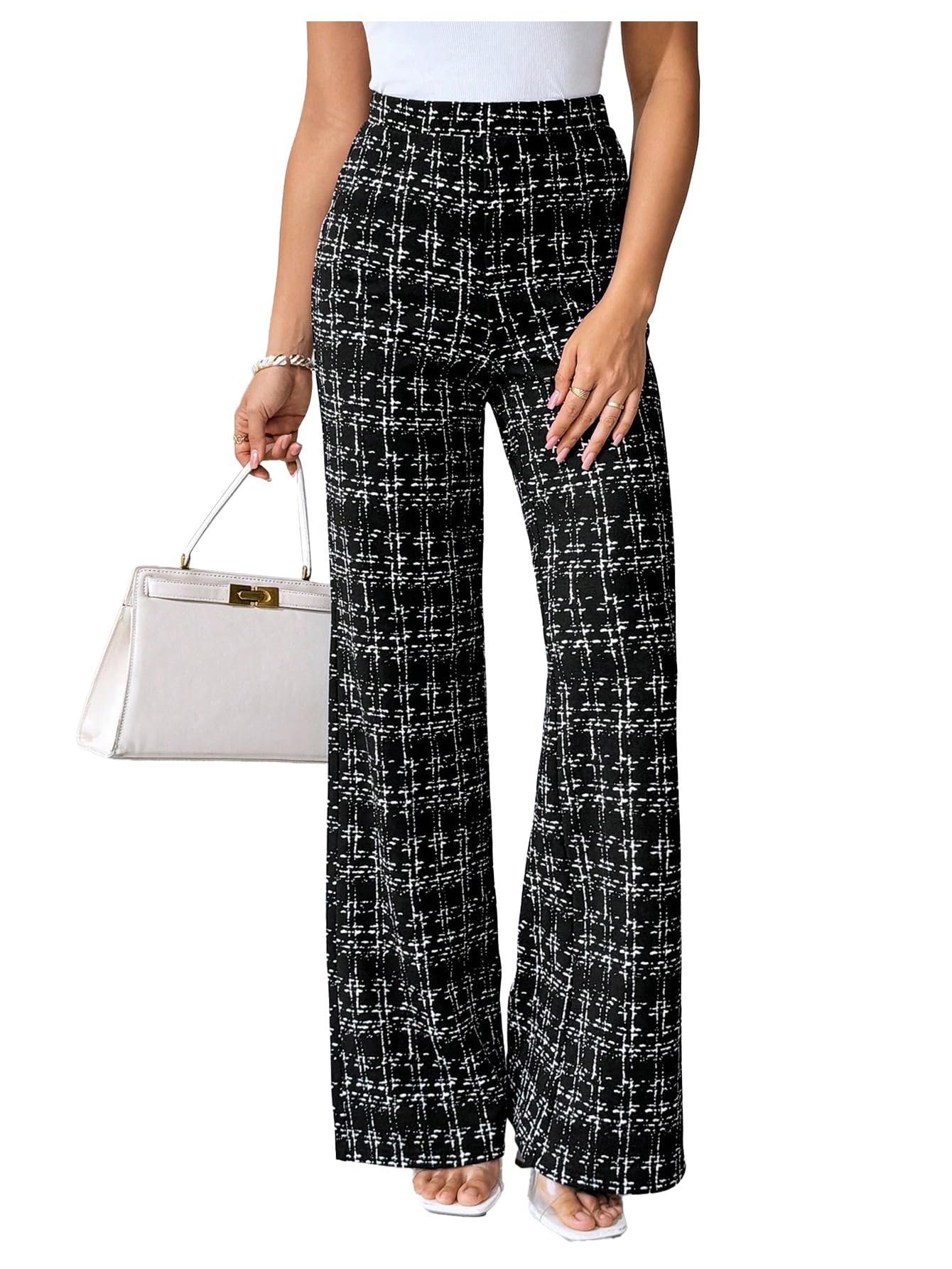 Womens Plus Size Plaid Work Pants Elegant High Waisted Straight Leg Business Casual Trousers
