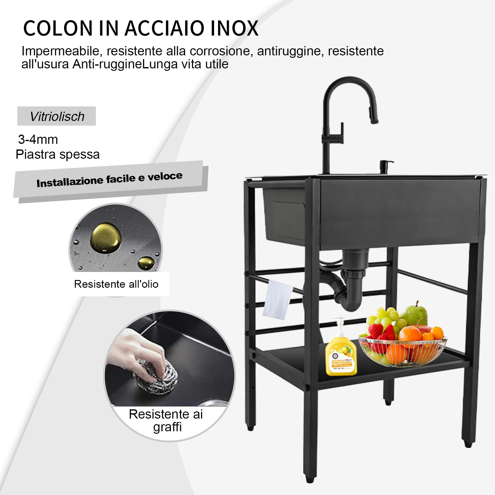 60x45x86cm Lavandino da Esterno, Witriolik Lavello da Esterno Nero con Scolapiatti e Kit di scarico e Rubinetto Alza/Estraibile, Lavello Cucina Professionale per Garage, Ristorante, Cucina, Lavanderia