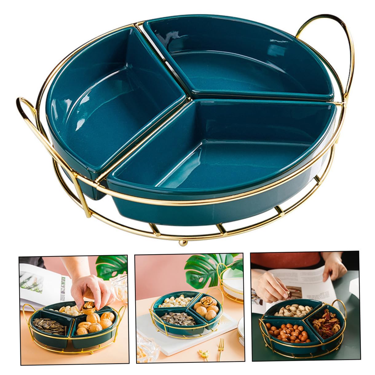 DOITOOL Plateau à Trois Compartiments en Céramique et Fer, Vert | Grand Format, avec Rack, Design Simple et Généreux, pour Rassemblements et Mariages