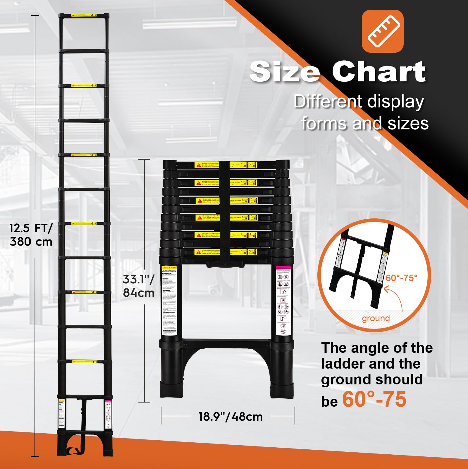 Escalera telescópica de 3.8 Metros con pies Antideslizantes, Escalera Plegable de Aluminio Ligero para altillos, Casas rodantes, Exteriores e Interiores, Capacidad de Carga de 150kg.Negro