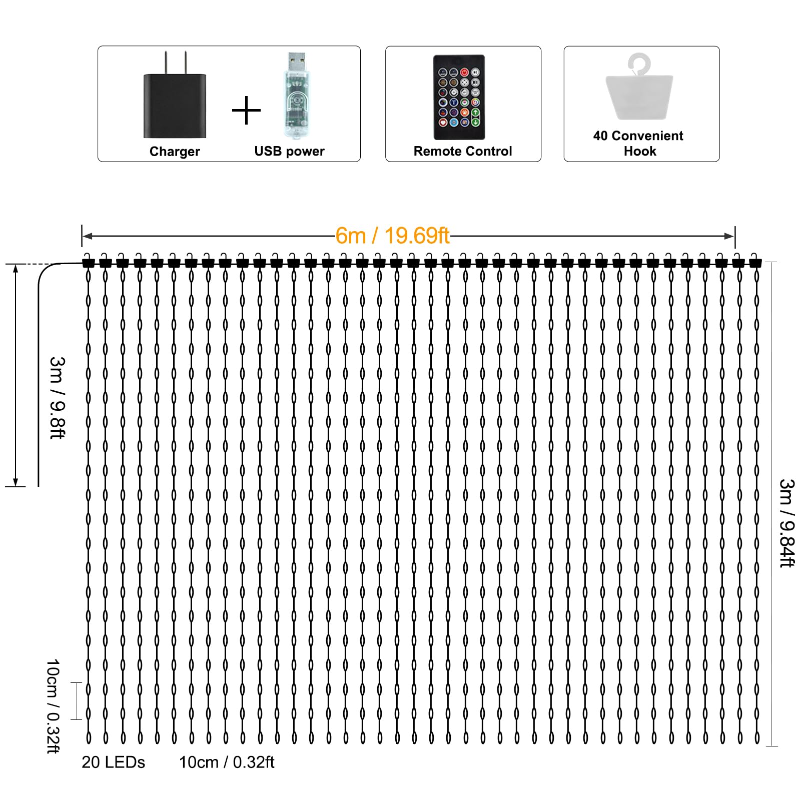 Rideau lumineux intelligent de 5 m x 2,5 m, 800 LED avec télécommande par application, couleur changeante, synchronisation de la musique, bricolage pour intérieur et extérieur, décoration murale