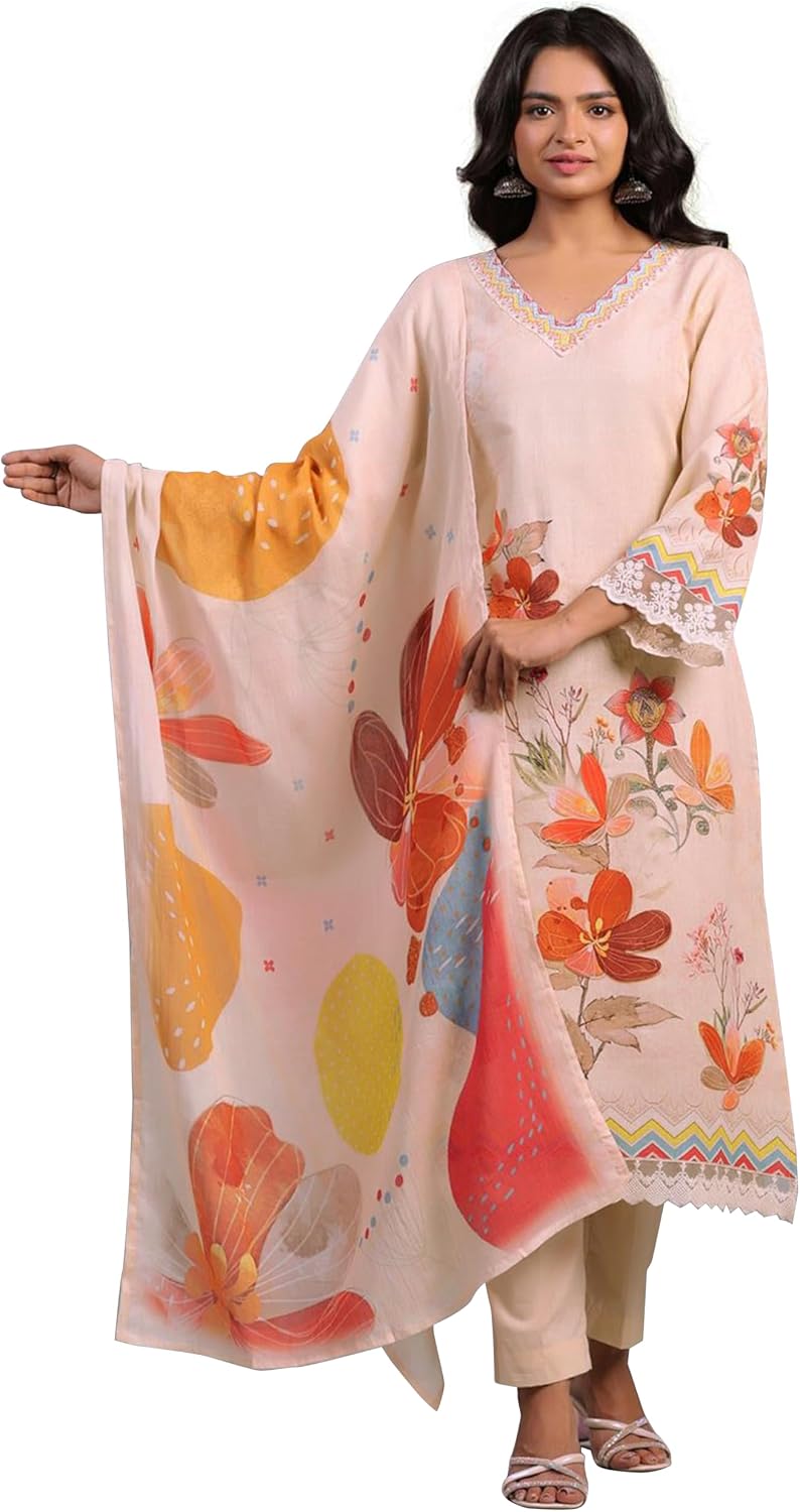 TRENDMALLS Women's Satin Digital Print A line Kurta Pant with Dupatta Set (G351-Peach-XXL)