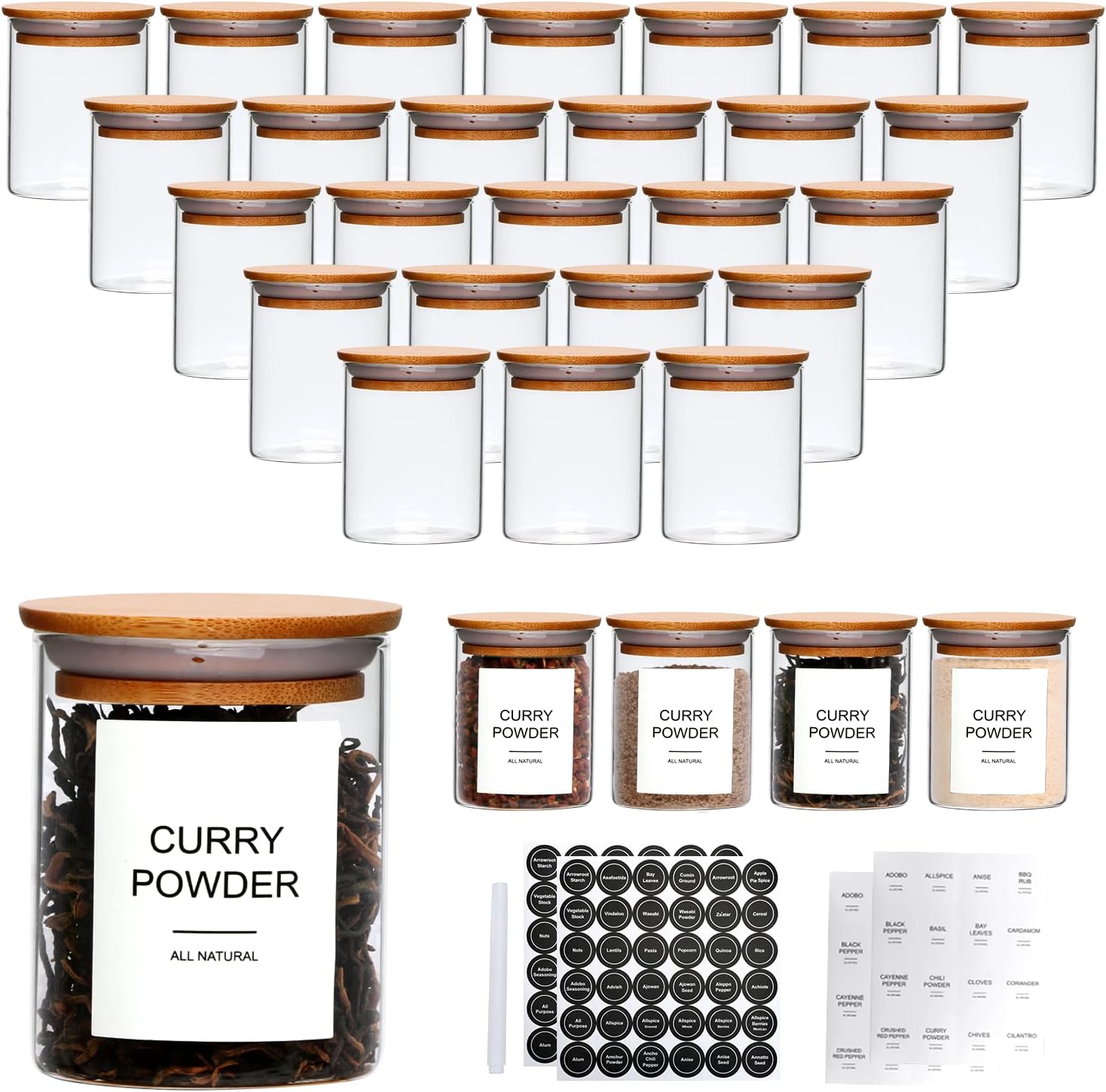 Encheng 4 OZ Glass Spice Jars with Lids Set of 30,Clear Glass Seasoning Container with Labels,100ML Mini Glass Jars with Bamboo Lids for Dry Food,Spice,Herb,Sugar,Salt.
