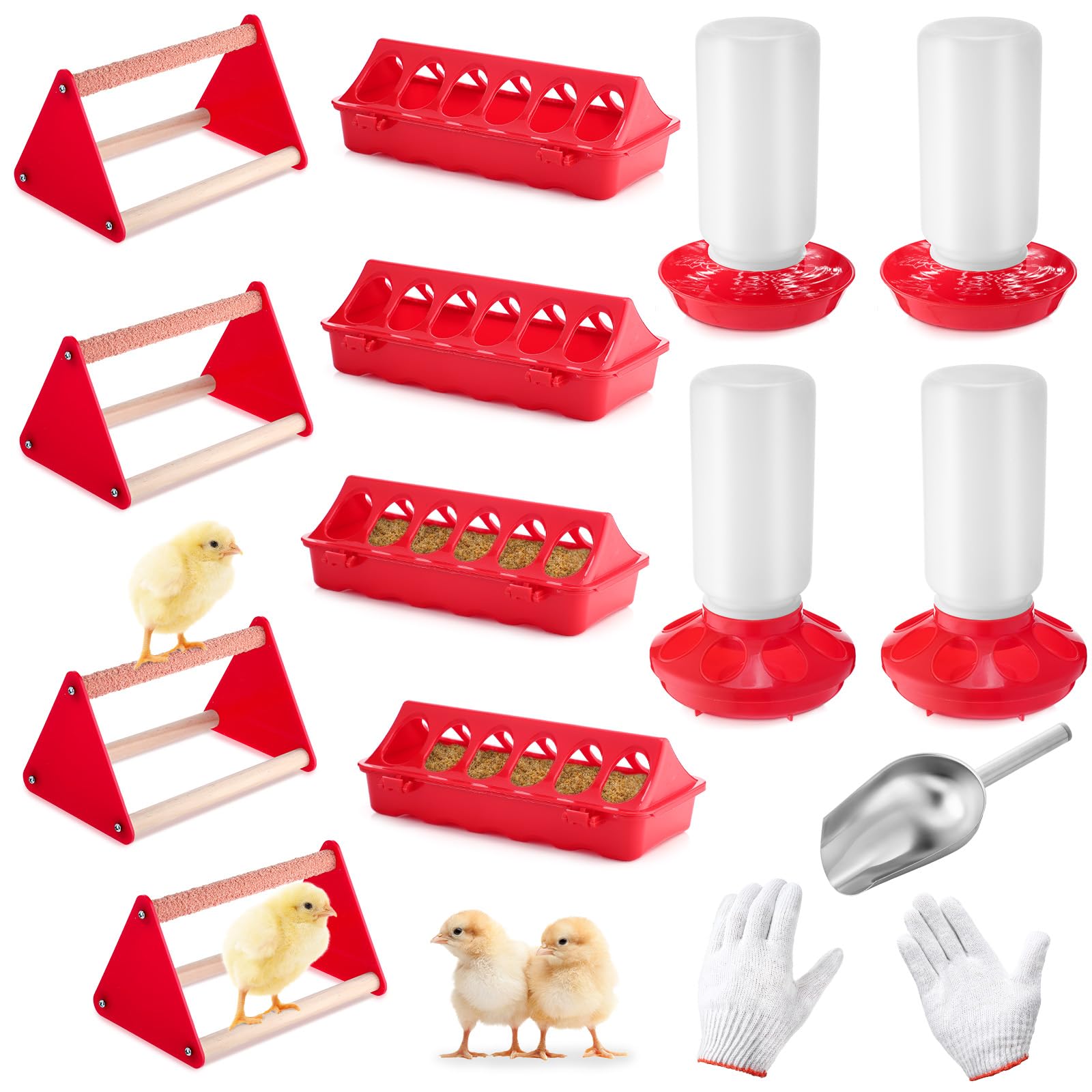 Honeydak 14 Pcs Chick Starter Kit Baby Chick Feeder and Waterer Set – Flip Top Poultry Feeder, 1l Water Dispensers, Perches, Gloves & Metal Feed