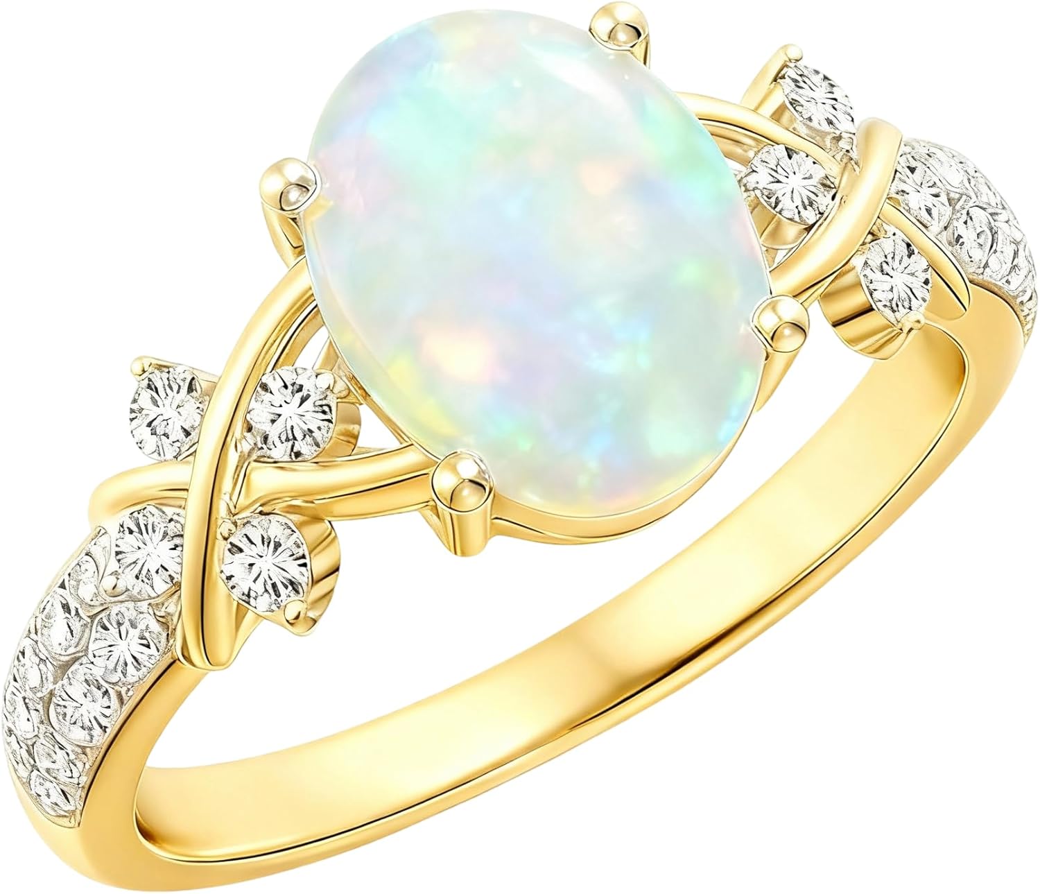 S925/10K/14K/18K Gold Oval Opal Engagement Custom Ring (Ladies' Style), Elliptical White Opal Set with Diamonds in Twisted Band Design, Elegant Wedding, Bridal, Anniversary Jewellery Gift