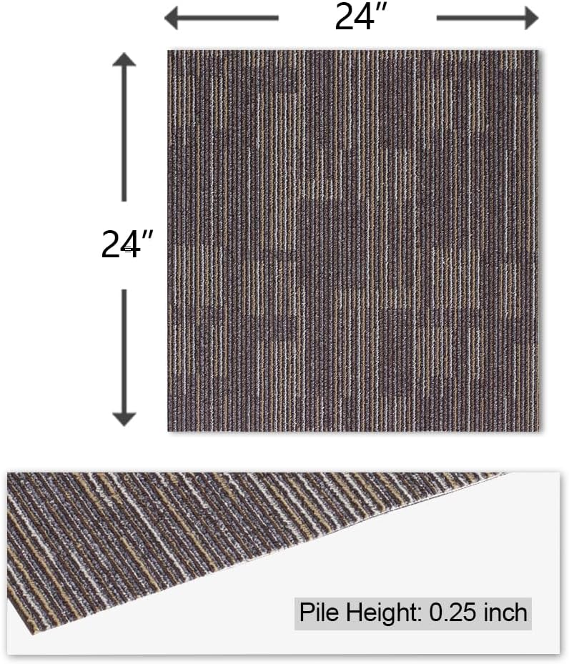 Carpet Floor Tiles 24” x 24” Commercial Carpet Squares 18 Pcs Peel and Stick Non-Slip Office Soft Tiles DIY Installation for Living Room Bedroom Study Hotel, Brown