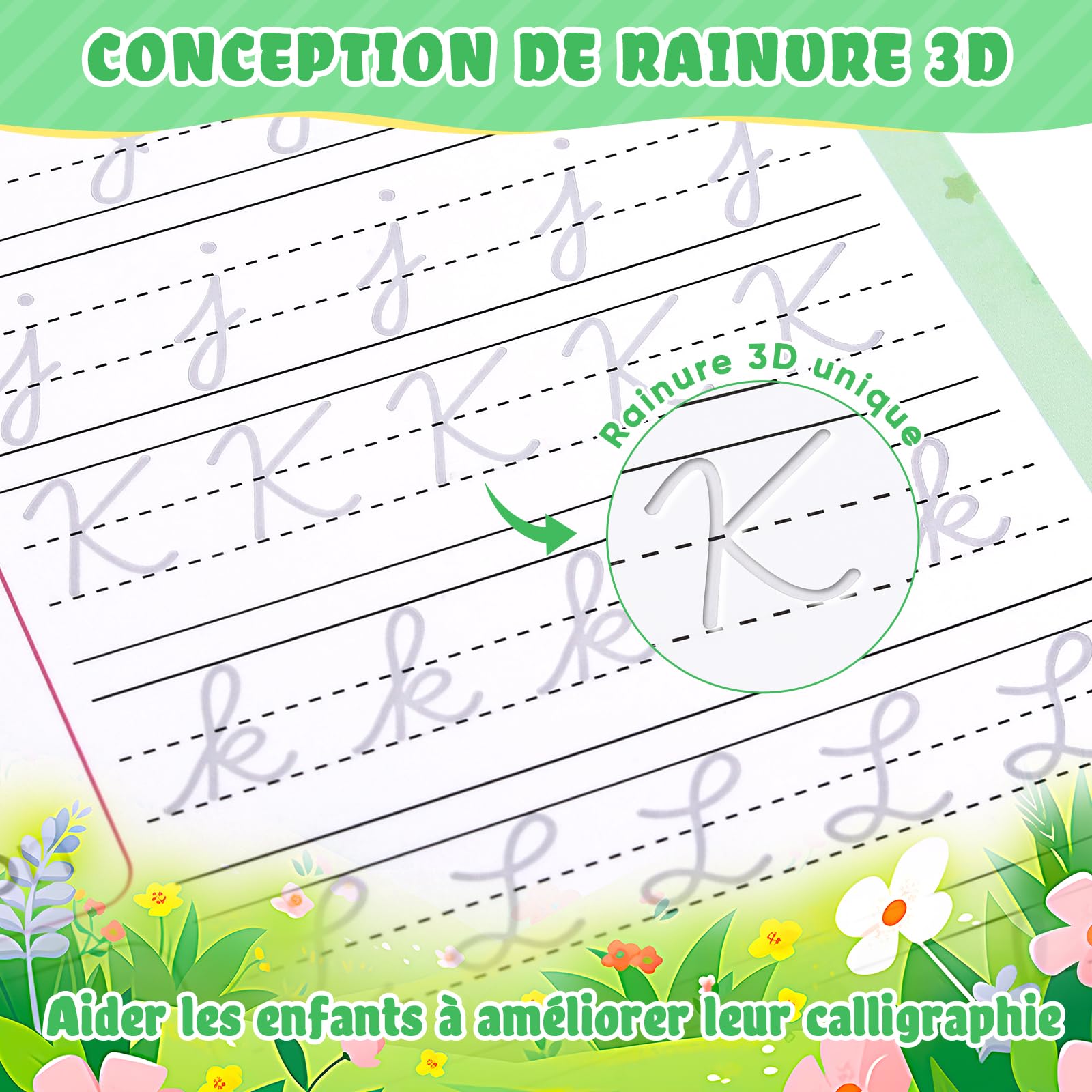 Cahiers d'écriture réutilisables à l'encre magique pour enfants - Pour enfants d'âge préscolaire - Modèle de rainures - Aide à l'écriture manuscrite - Version élargie - 4 livres + stylos