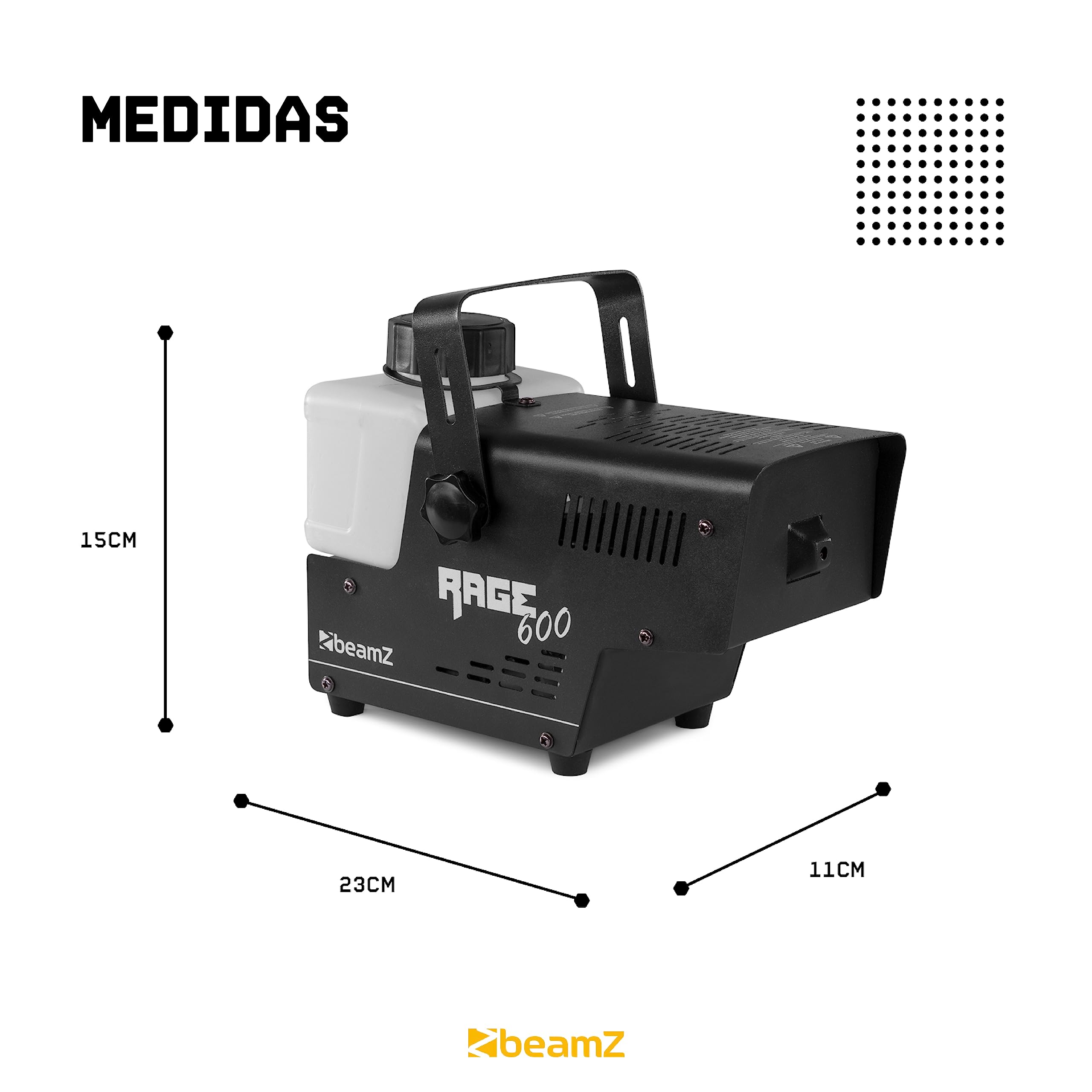 BeamZ RAGE 600 - Máquina de humo de 600 W, depósito 500ml iluminado, calentamiento rápido en 2 minutos, salida de humo de 65m³ por minuto, mando a distancia con cable de 3 metros y mando inalámbrico