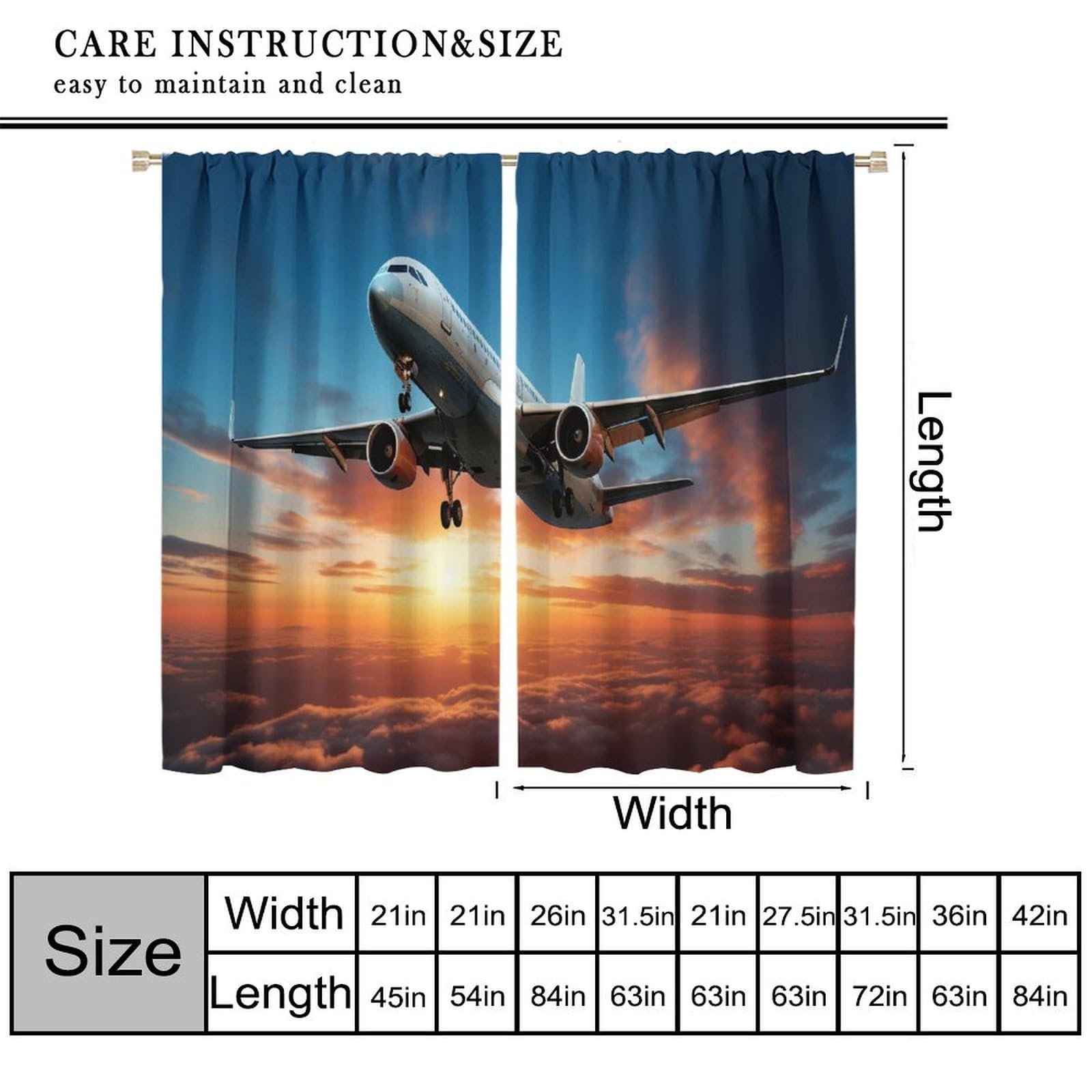 AAVEUP Airplane Blackout Curtains for Kids, Sunset and Sunset Over The Clouds Civilian Manned Aircraft Flight Window Drapes Print for Boys Adolescents Nursery Bedroom Living Room Bathroom 63x72in