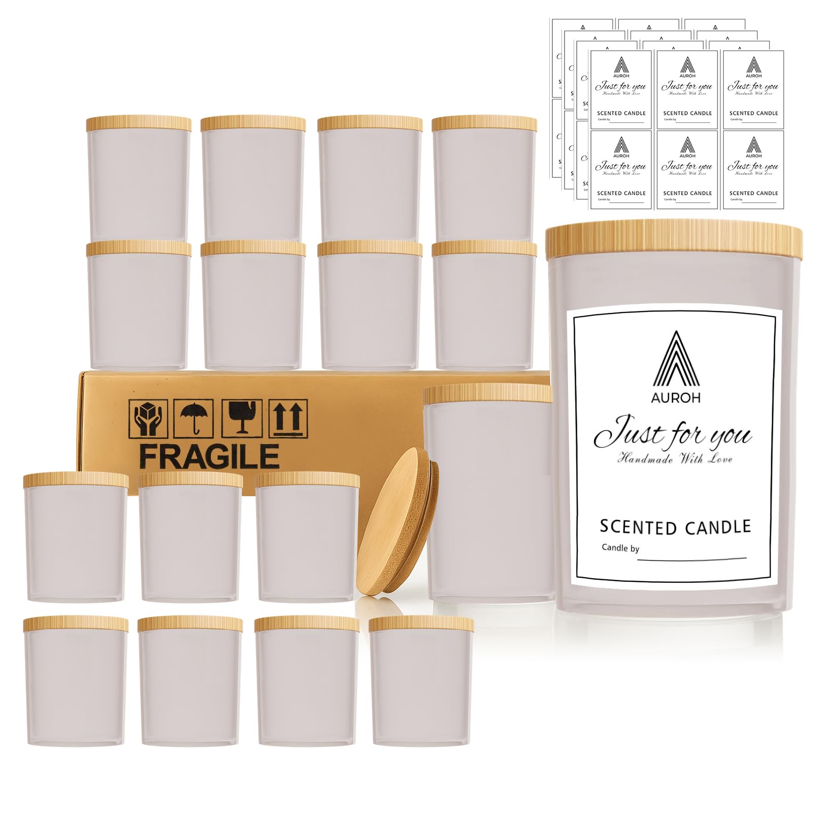 Lot de 15 bocaux à bougies en verre avec couvercles en bambou – Conteneurs de bougies givrés de 200 ml pour la fabrication de bougies – Fournitures idéales pour la fabrication de bougies pour