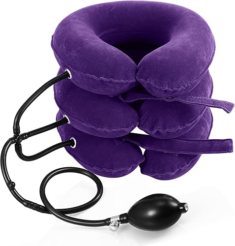 Jaximy Estirador de cuello dispositivo de tracción cervical alivio del dolor de cuello soporte inflable ajustable y almohada cervical dispositivo de