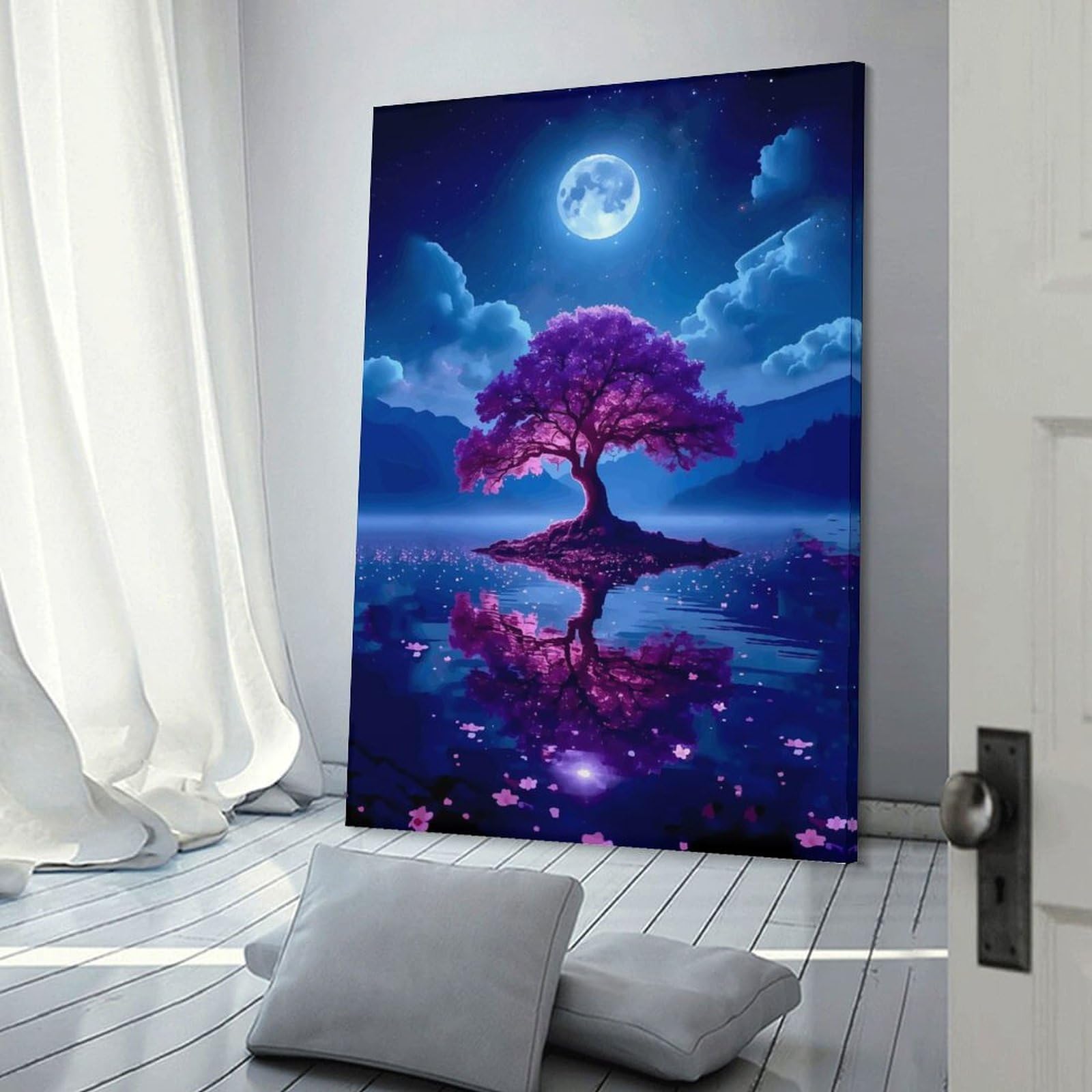 Junmoney Magical Tree Under The Moon Wall Decor Canvas Print, 08x12inch(20x30cm), for Bedroom, Lounge Or Dressing Area, Decorative Wall Art for Cosy Rooms