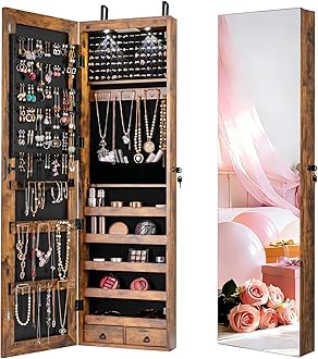 NAFORT 2 LEDs Full Length Mirror with Jewelry Armoire, Jewelry Organizers and Storage with 2 Mounting Options, 47.5”H Jewelry Cabinet with 2 Drawers, Make up & Lockable Jewelry Box, Rustic Brown