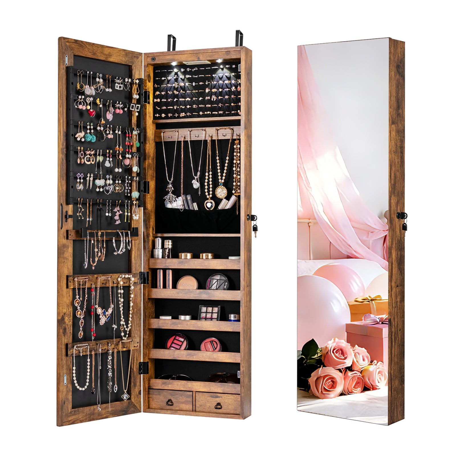 NAFORT 2 LEDs Full Length Mirror with Jewelry Armoire, Jewelry Organizers and Storage with 2 Mounting Options, 47.5”H Jewelry Cabinet with 2 Drawers, Make up & Lockable Jewelry Box, Rustic Brown