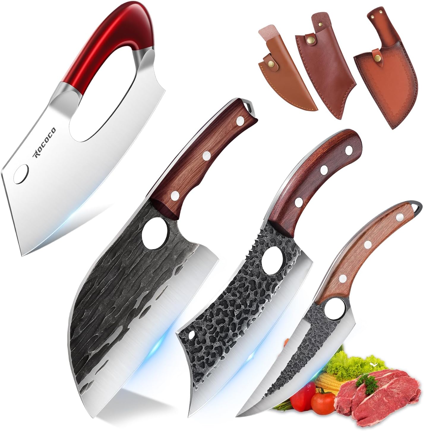 3PCS Butcher Cleaver Effort Saving Chef Knife Set for Meat Cutting Serbian Chef Boning Knife with Sheaths for Kitchen Outdoor BBQ Camping Birthday Christmas Gift Idea Men