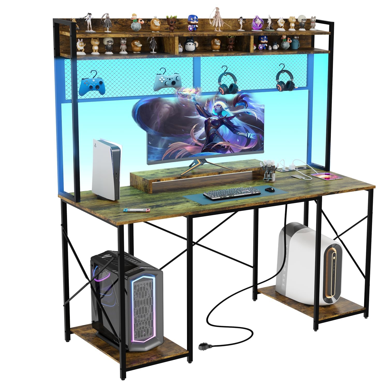 Escritorio Ordenador con LED, Secretaria Escritorio de Juego con Soporte y Estante de Almacenamiento, Mesa Gaming Ergonómico con Enchufe y 2 Tomas USB para Salas de Oficina 120x60cm Marrón