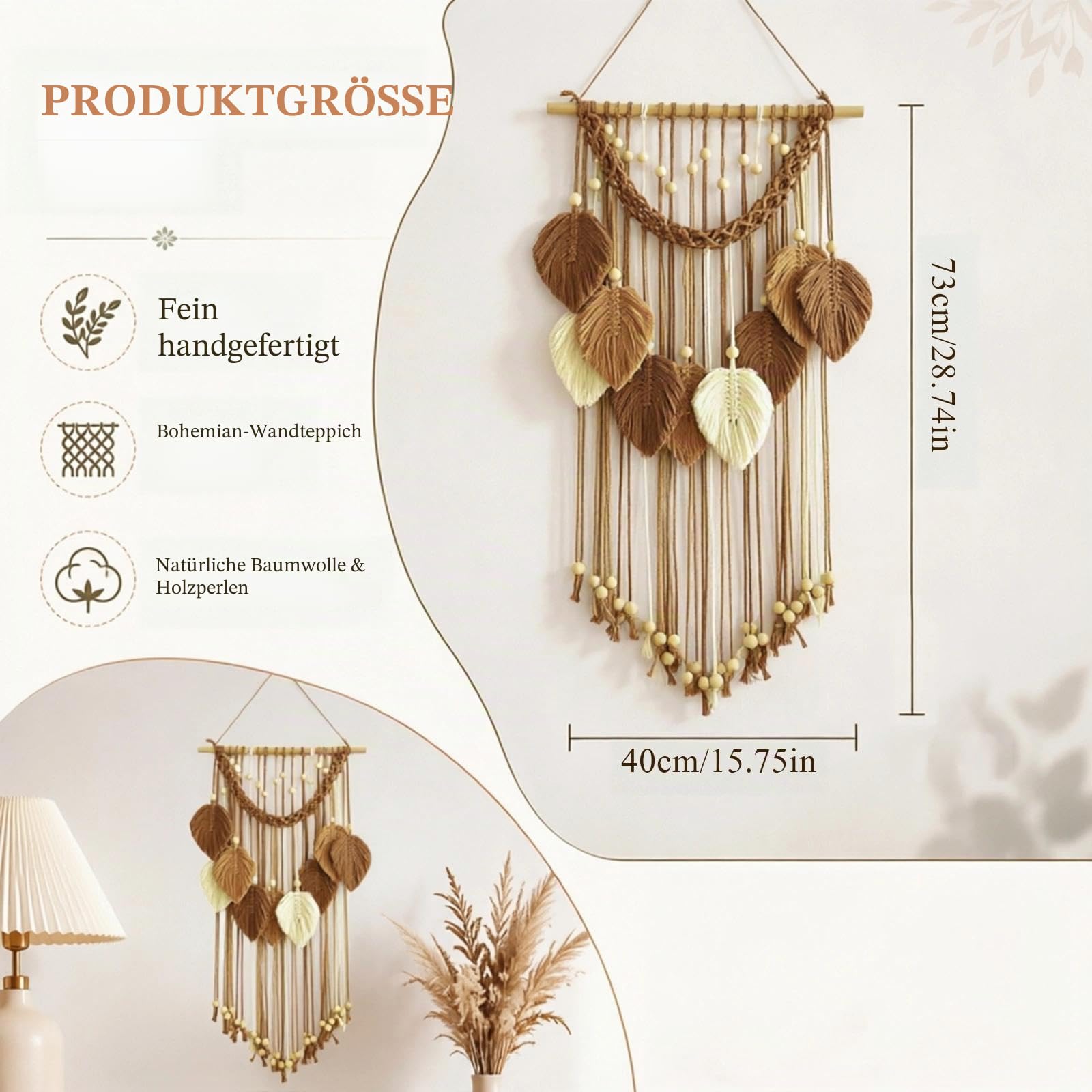 DIYCUT Handgewebt Wandteppich Boho, Blattdekoration Wandteppich, Bohème-Stil Wandbehang, Geeignet Für Schlafzimmer, Wohnzimmer, Arbeitszimmer Usw – Braun