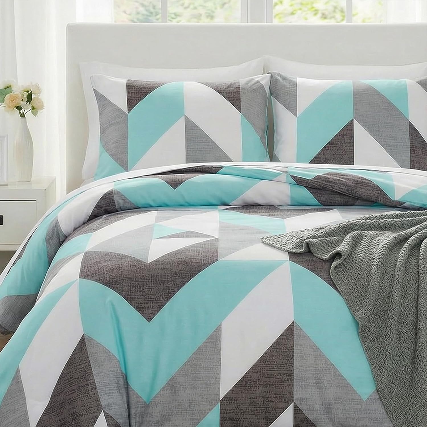 Bedbay Teal Comforter Queen Size Turquoise Teal Queen Bed Set Geometric Chevron Teal and Grey Bedding Set Western Comforter 3 Pcs Lightweight Down Alternative Comforter for Girls Teen Men Women