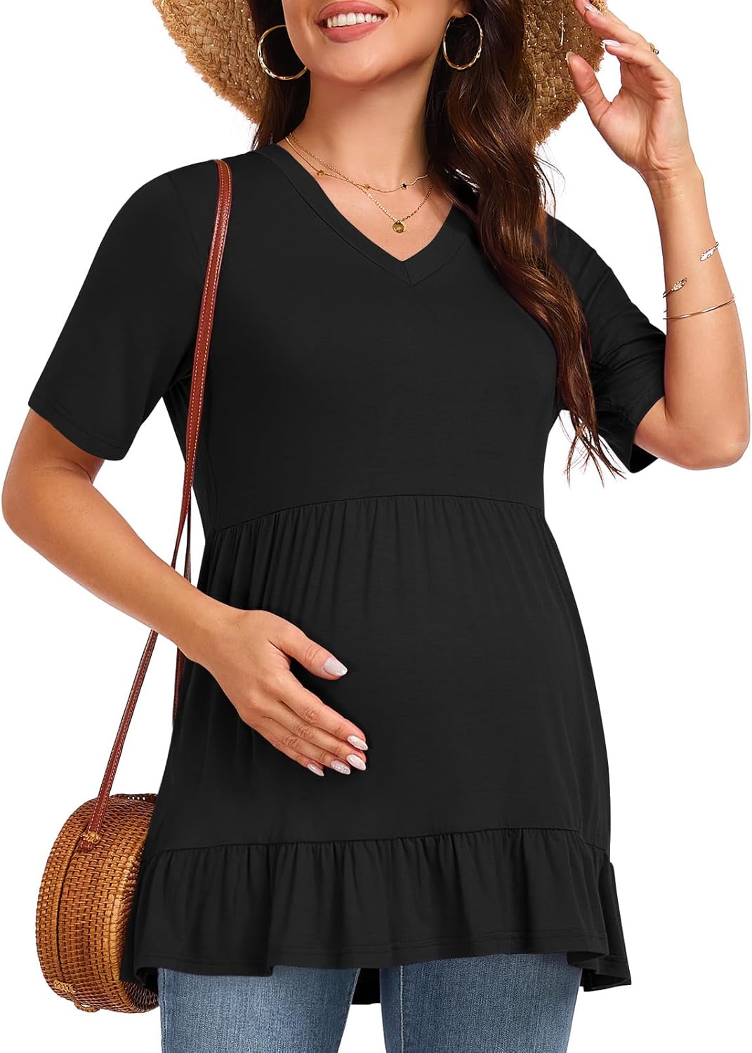 Maternity Top Shirts Soft Short Sleeve V-Neck Tunic Blouse with Tiered Ruffles Summer 2026