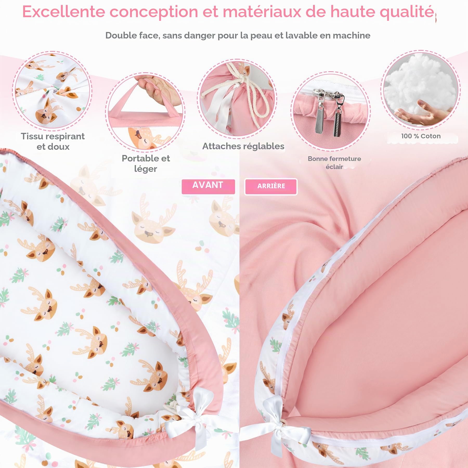 URMYWO Réducteur de Lit Bébé 90x55cm Double Face 100% Pur Coton | Réducteur Lit Bébé avec Housse Amovible Lavable | Sécurisé et Confortable pour Filles & Garçons (Nouveau-Né 0-12 mois) (Tête de cerf)