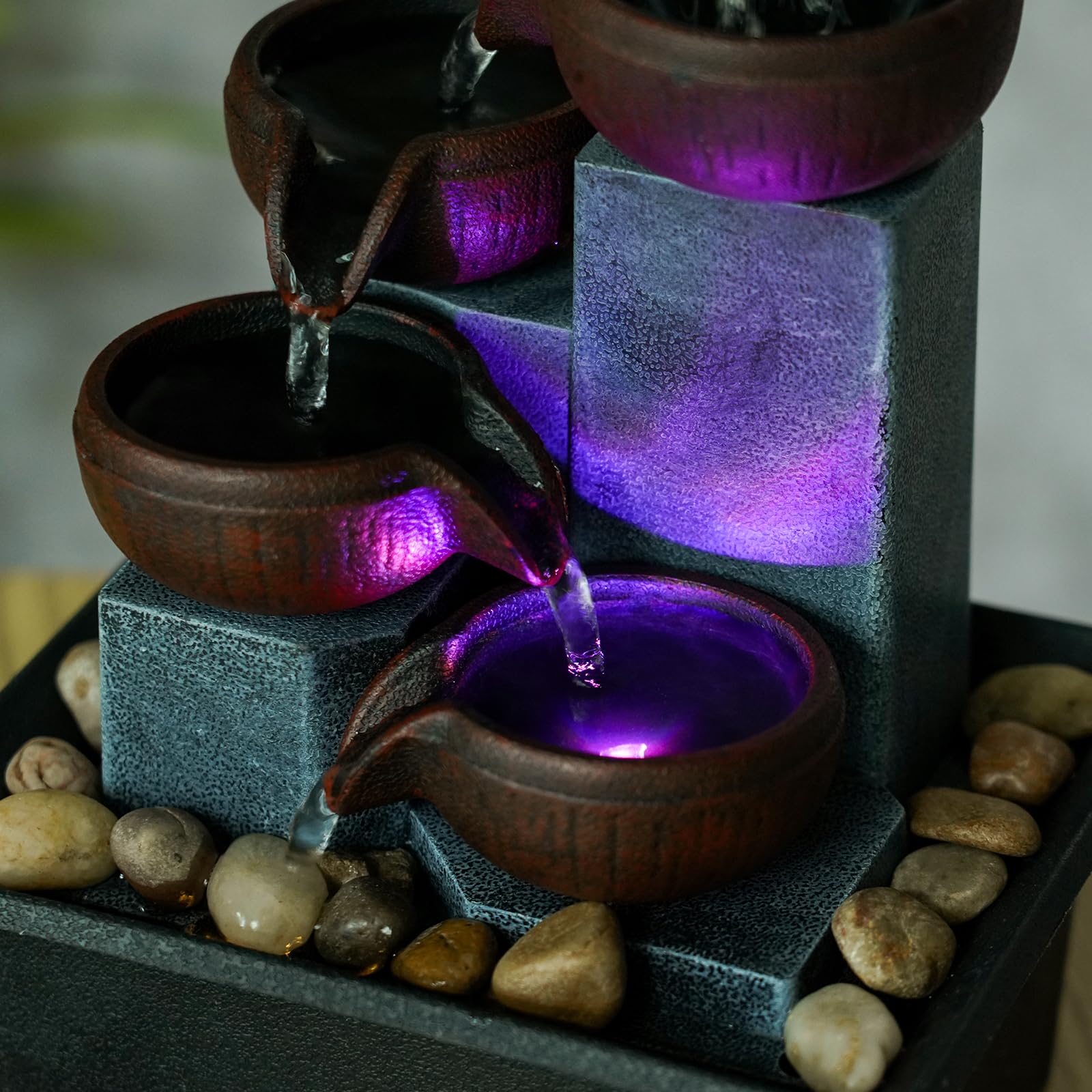 Pequeña fuente de agua para interiores, función de cascada de meditación zen con bomba automática y rocas naturales de río, fuente de cascada de mesa para oficina, sala de estar, dormitorio, 7.4