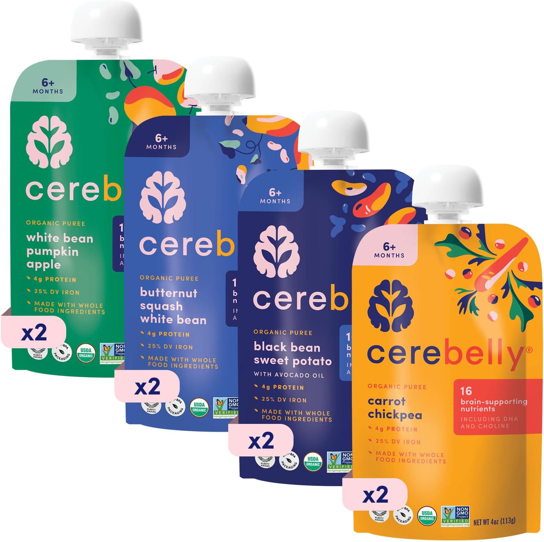 Organic Baby Food Pouches Variety Pack, Veggie & Bean Purees, 16 Nutrients, No Added Sugar, Fiber & Non-GMO, 4oz, 8 Pack