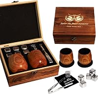 Charred Wooden Whiskey Glasses Set - Bourbon Gifts for Men, Dad, Handcrafted Tumblers with Stones, Tongs & Gift Box