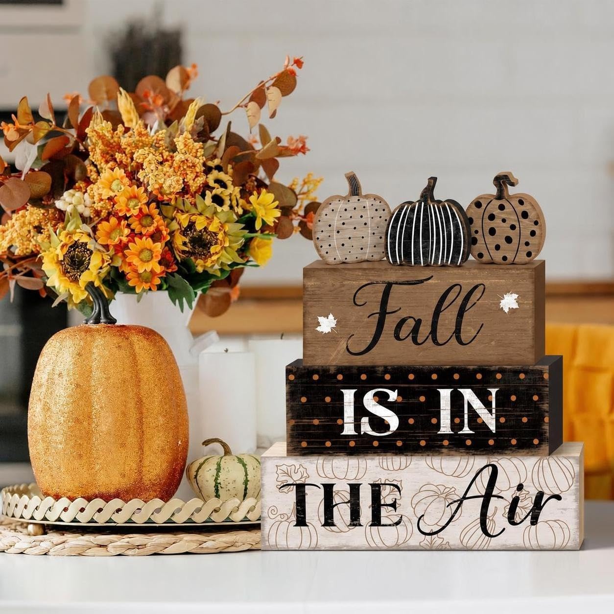 Britimes Fall Pumpkin Dot Tiered Tray Decor Set, 4 Pack, Wooden Table Sign