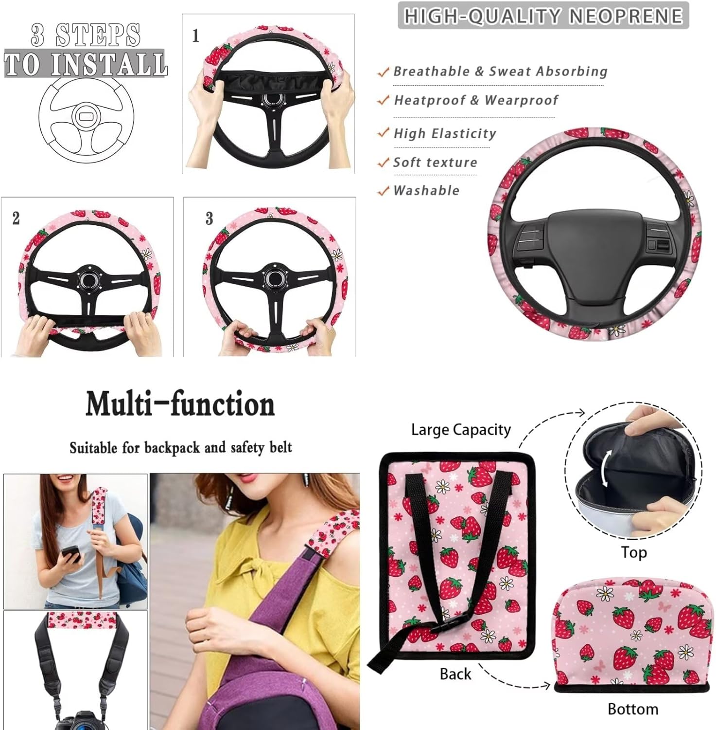 Car Accessories Pink Strawberry Car Seat Cover Full Set Include Cup Coasters Key Chain Rearview Mirror Cover Trash Can Steering Wheel Covers and Seatbelt Pads Car Interior Decor