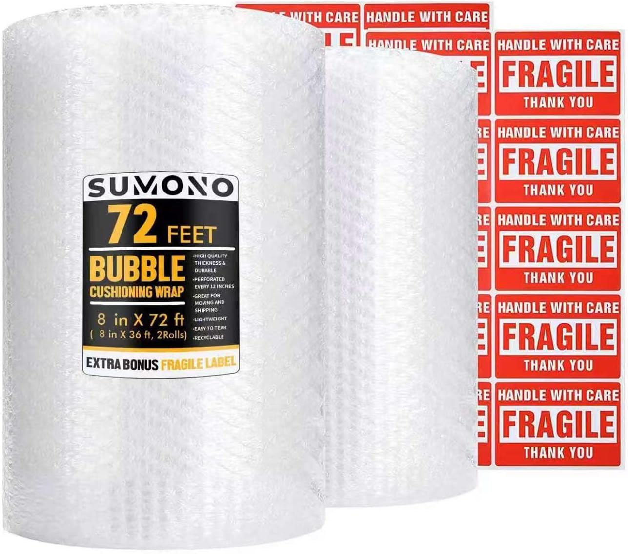 Bubble Cushioning Wrap Roll, Sumono 15 Inch x 72 Feet Total [2 Rolls of 36 Feet] Bubble Roll Perforated 12 Inch Included 20 Fragile Sticker Label