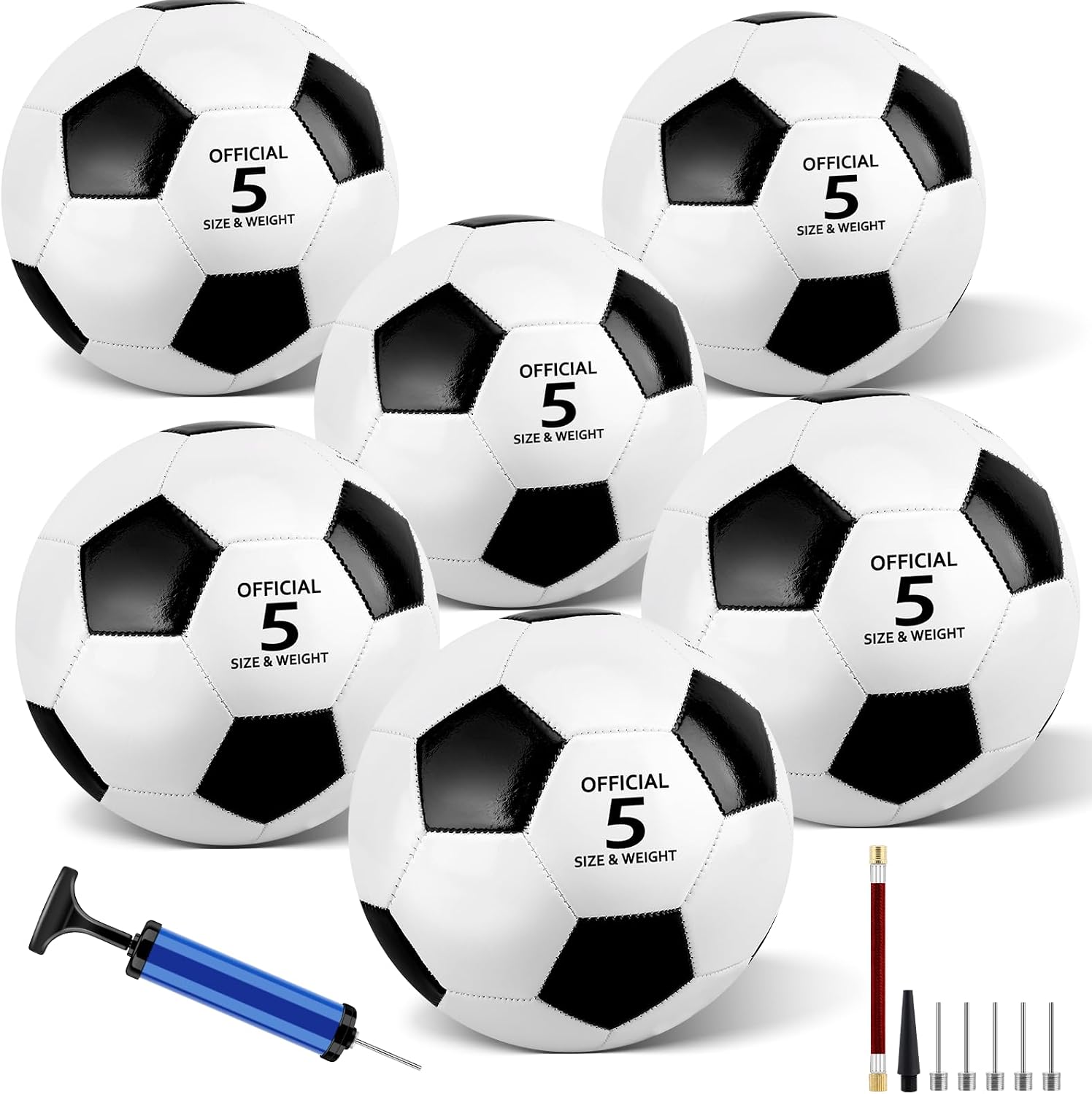 SIKEMAY 6 Packs Soccer Balls Bulk, Classic Black White Official Size 3/4/5 Soccer Ball with Pump Needles, Indoor Outdoor Competition Training Christmas Charity Donation Sport Ideal for Adult Men Women