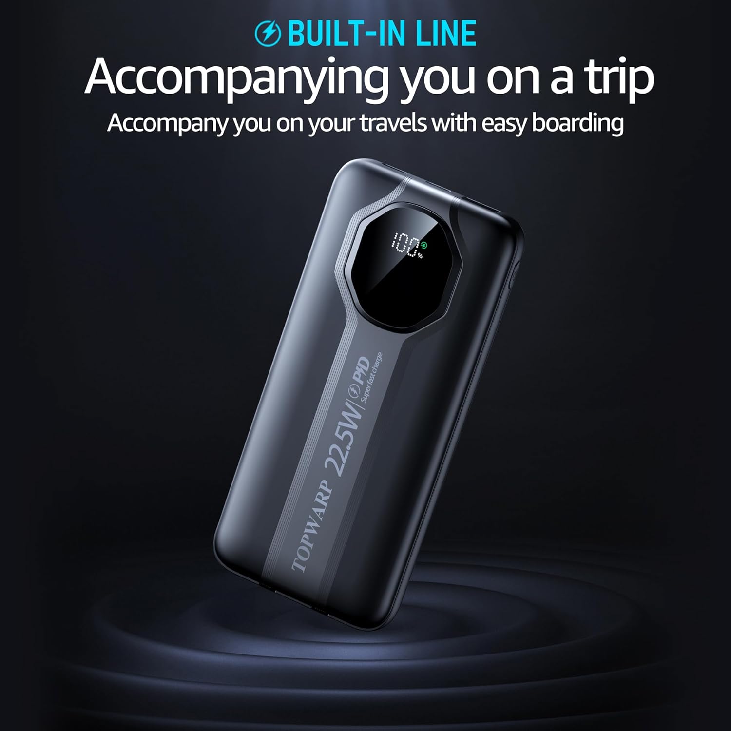 Image showing the portable charger with text 'Accompanying you on a trip' and icons for Security, Sturdy, and Fast Charge, indicating aviation compliance.