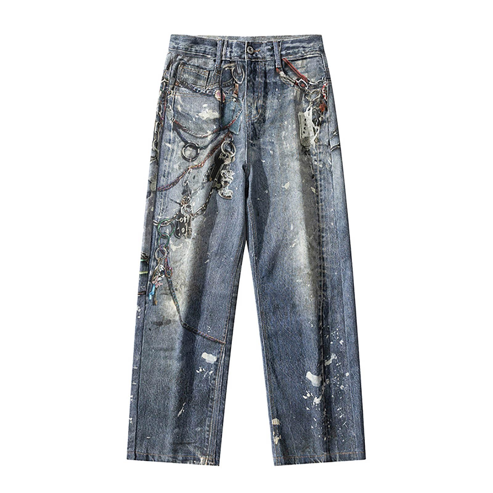 Generico Jeans Uomo Baggy Balloon Moto Strappati Fit Slim Pantaloni Flared Loose Elefante Larghi Invernali Jins Y2K Salopette Zampa Bootcut
