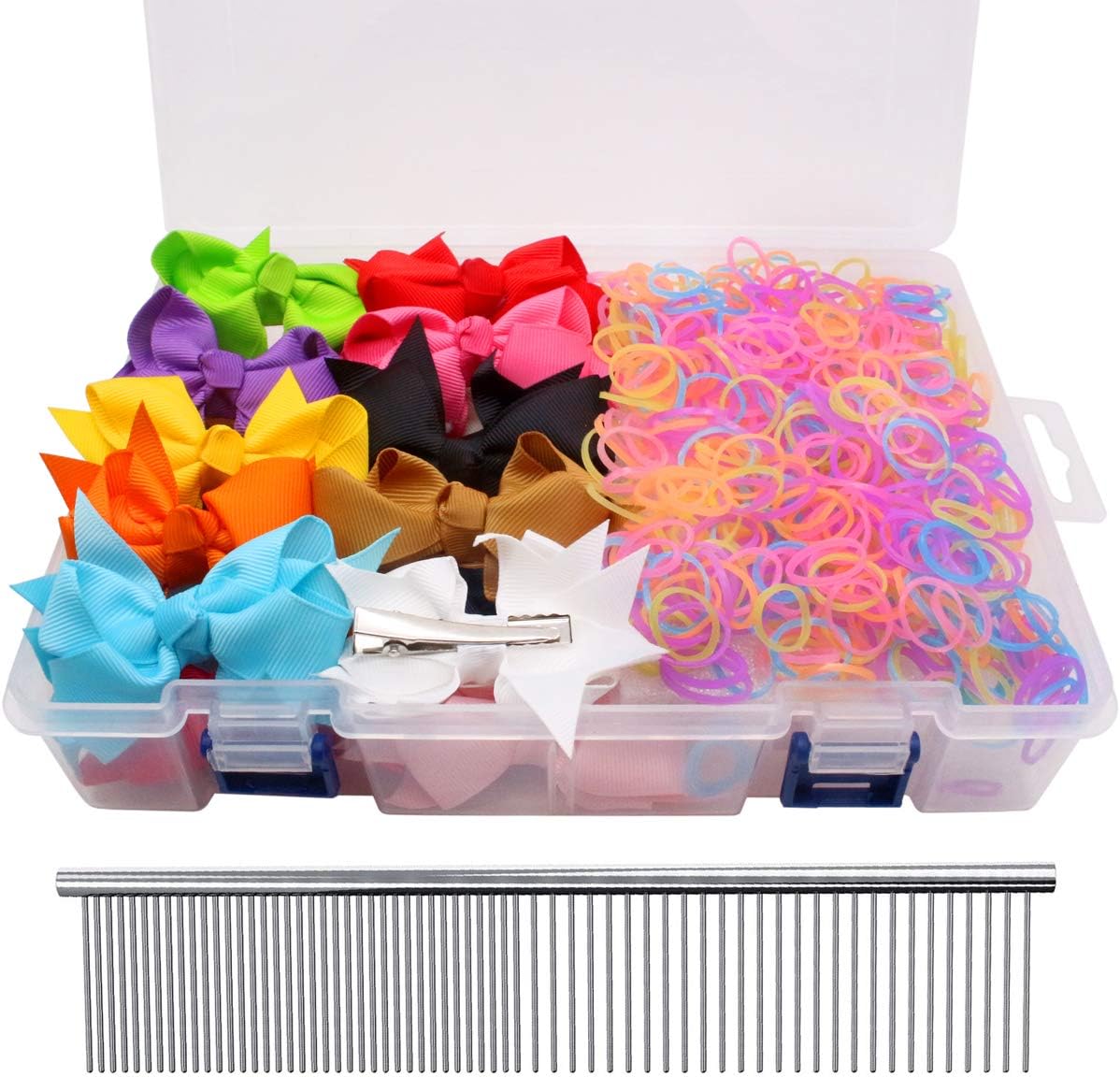 YOY 20 Adorable Pet Dog Hair Bows with Clips & 1000 Rubber Bands & 1 Steel Grooming Comb Set for Groomer,Puppy Top Knot Bowknot Doggy Ponytails Braids and Dreadlocks Cat Kitty Accessories
