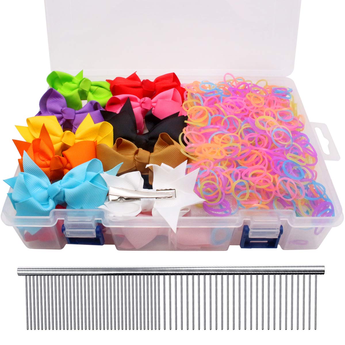 YOY 20 Adorable Pet Dog Hair Bows with Clips & 1000 Rubber Bands & 1 Steel Grooming Comb Set for Groomer,Puppy Top Knot Bowknot Doggy Ponytails Braids and Dreadlocks Cat Kitty Accessories