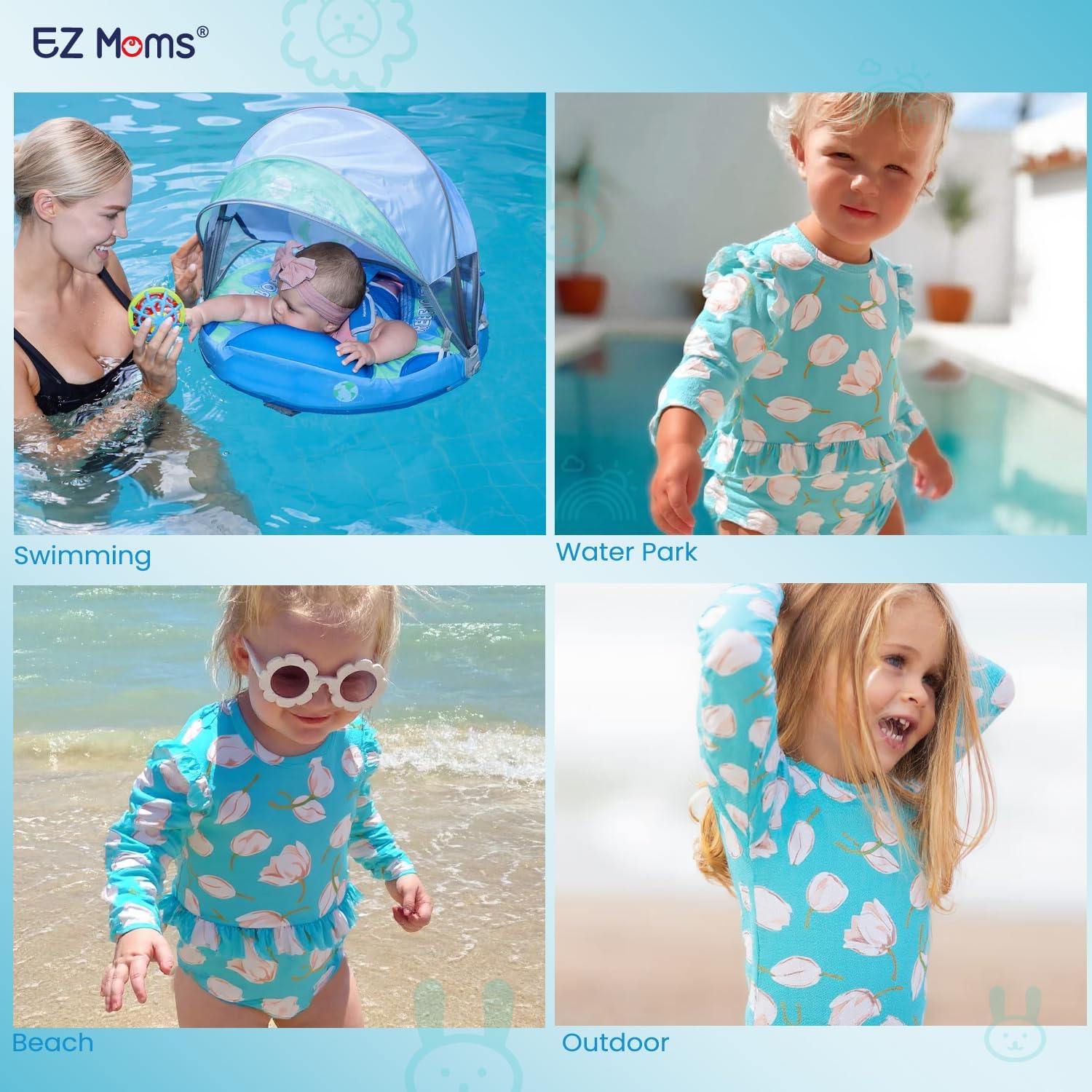 EZ Moms Baby Toddler Swimsuit Girl UPF 50+ Long-Sleeve One Piece Zipper Baby Beach Swimwear Sunsuit Ruffle with a Swim Cap - Image 6