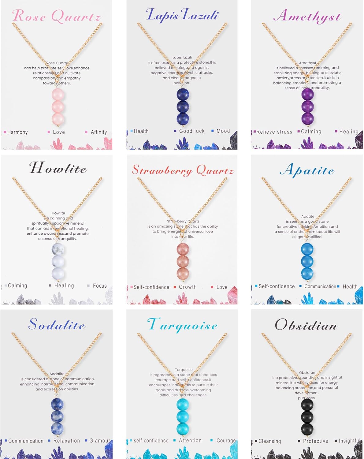 Tondiamo 9 Set Christmas Healing Crystal Necklace Gift for Women Gemstone Spiritual Crystal Pendant Necklace with Card and Organza Bag Good Luck Bead Stones Anxiety Relief Birthday Gift