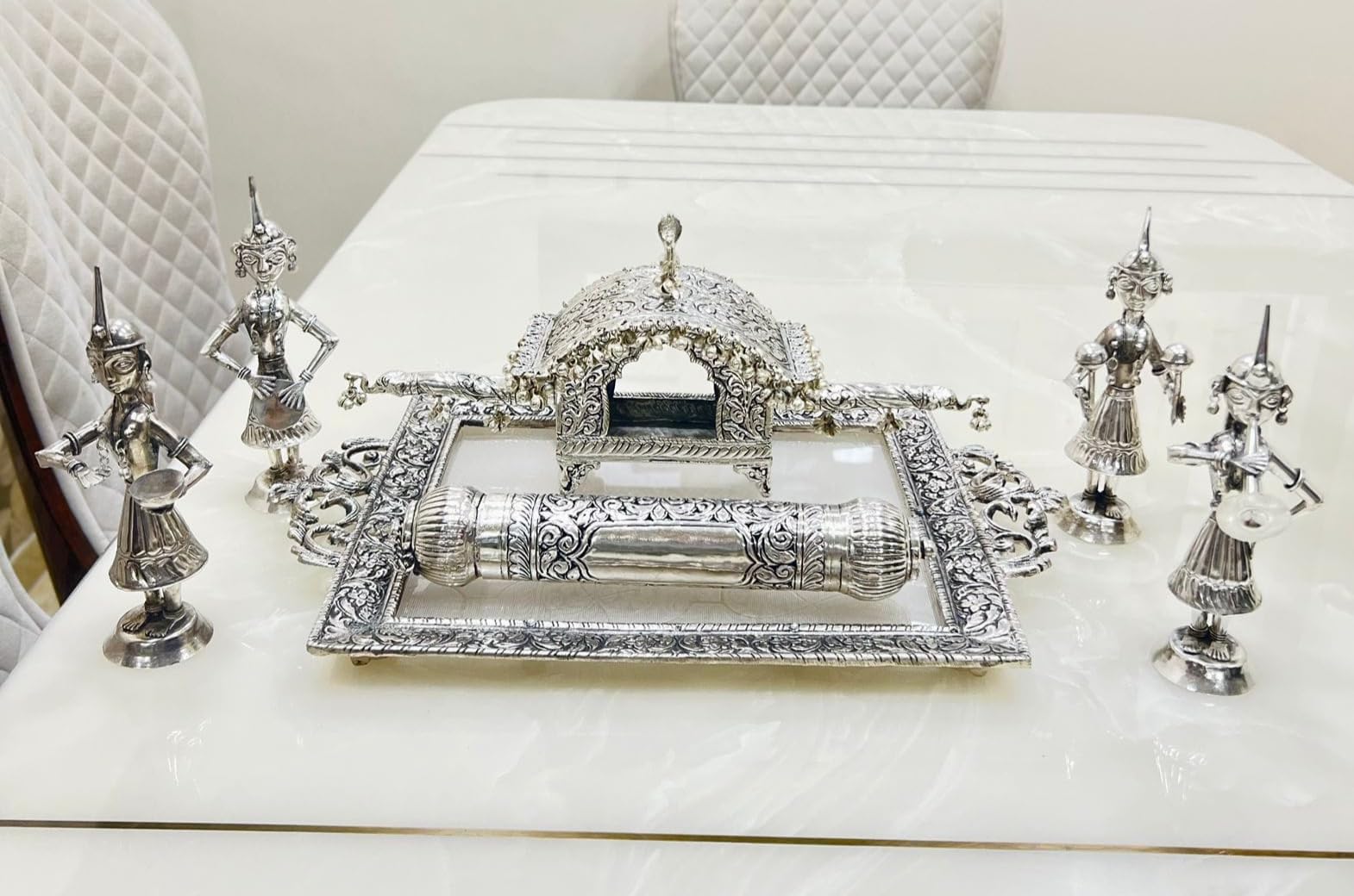 German Silver Wedding Invite Gift Set of 7 Pieces – Musical Dancing Tribal Dolls, Scroll (Farmaan), Doli & Rectangular Premium Tray, Traditional Indian Wedding Invitation & Gifting Set-image-3