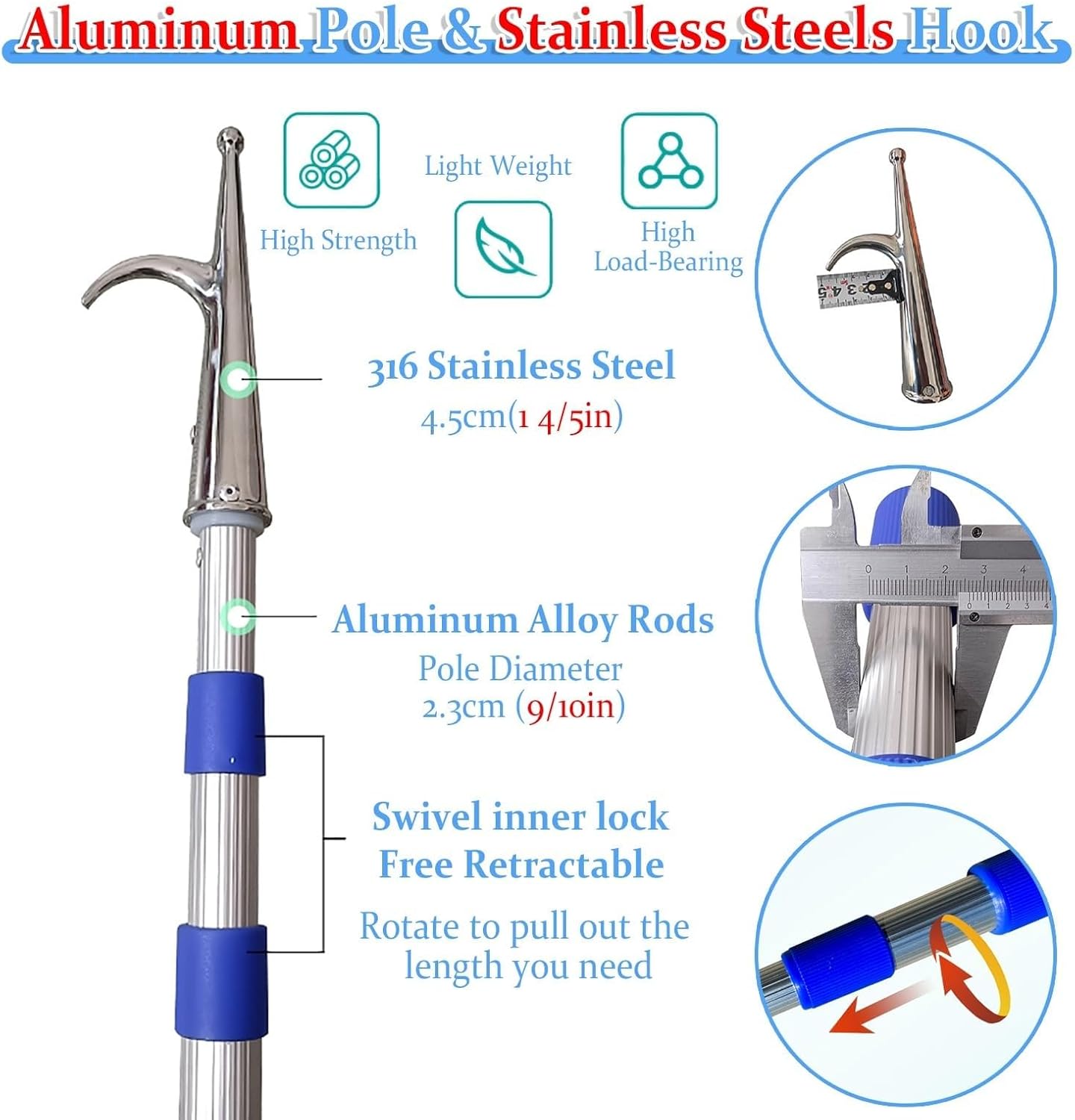 Telescoping Boat Hook Docking Pole, Lightweight Aluminum Push Pole for Boat, Stainless Steel Hook for Floating Items Retrieval & Marine Use