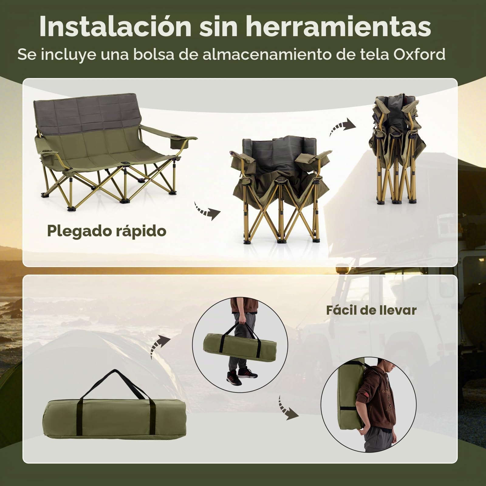 GOPLUS - Silla de camping doble, sillón de playa acolchada con portavasos, apoyabrazos ajustables, banco de camping de 2 plazas plegable para pesca, camping, picnic, playa, carga 300 kg (verde)