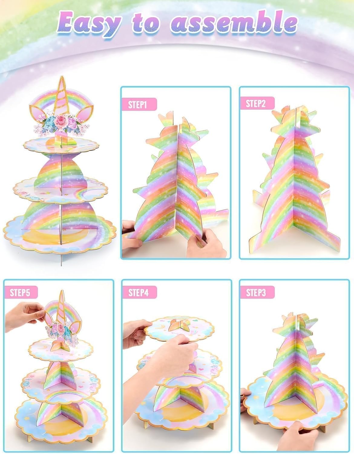 WERNNSAI Unicorn Cupcake Stand - Unicorn Birthday Decorations for Girls Kids Rainbow Unicorn Party Supplies 3-Tier Cupcake Holder Dessert Tower Round Serving Tray Stand for Baby Shower Wedding