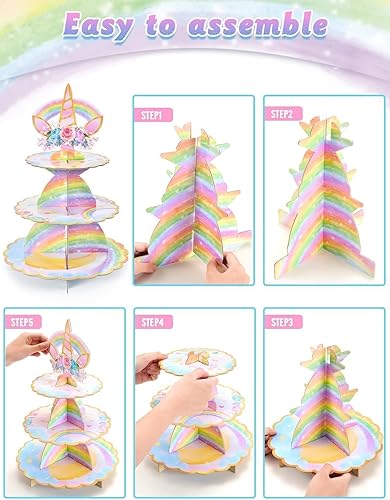 Miniatura 6 de Soporte de unicornio para cupcakes, decoraciones de fiesta de cumpleaños de unicornio para niñas y niños, soporte de cartón de 3 niveles para