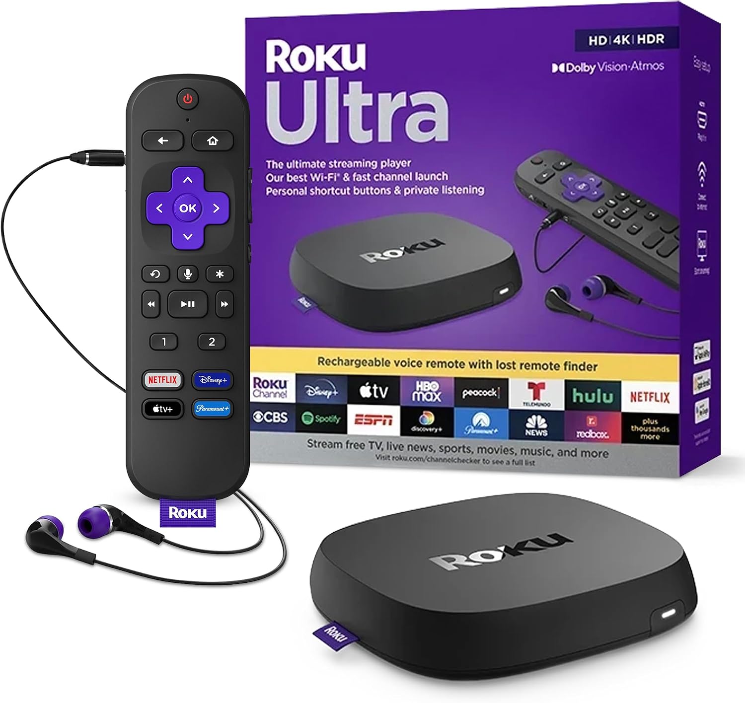 Ultra, Ultimate Streaming Player - 4K Streaming Device for TV | HDR10+, Dolby Vision & Atmos - Bluetooth & Wi-Fi 6 - Rechargeable Voice Remote Pro with Backlit Buttons - Free & Live TV